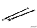 The Polaris RZR Pro R Rear Toe Link Kit features two black metal adjustable rods with silver spherical rod ends and clevis connectors, shown parallel on a white background. Each end has unique attachment hardware, with the SuperATV logo in the bottom righ