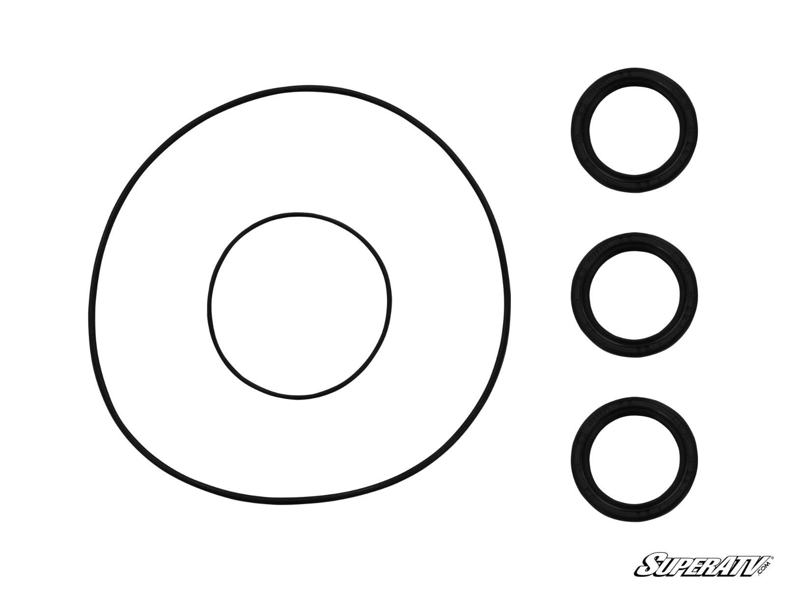 The image displays components from the Polaris RZR 800 Front Differential Seal Kit: two large black O-rings on the left and four smaller seals on the right, set against a white background with the SuperATV logo in the lower right corner.