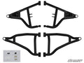 Four black Polaris RZR S 1000 High Clearance Front A-Arms (two upper, two lower) are shown symmetrically on a white background. A small kit with hardware and instructions is in the bottom left; the SuperATV logo is in the lower right.