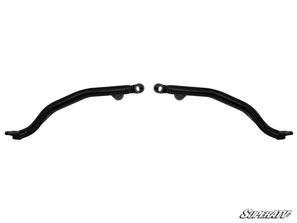 Two black, curved metal suspension arms for the Polaris RZR S 900 High Clearance A-Arms are displayed symmetrically, each facing outward with circular center mounting holes on a plain white background. The SuperATV logo is in the bottom right corner.