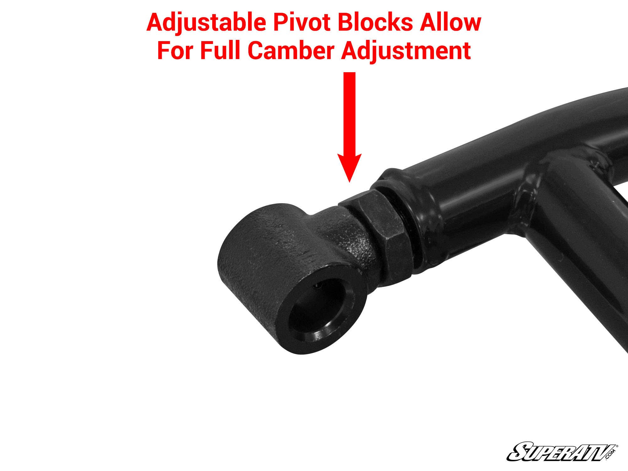 Close-up of a metal pivot block on a black Polaris General High-Clearance A-Arm. A large red arrow points to the adjustable pivot block, with text above: Adjustable Pivot Blocks Allow Full Camber Adjustment. SuperATV logo shown bottom right.