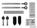 The SuperATV Polaris RZR 4 800 Heavy-Duty Tie Rod Kit includes two silver tie rods, two spherical rod ends, two tie rod ends, two black accordion boots, four zip ties, and hardware packets with bolts, washers, nuts, and screws.