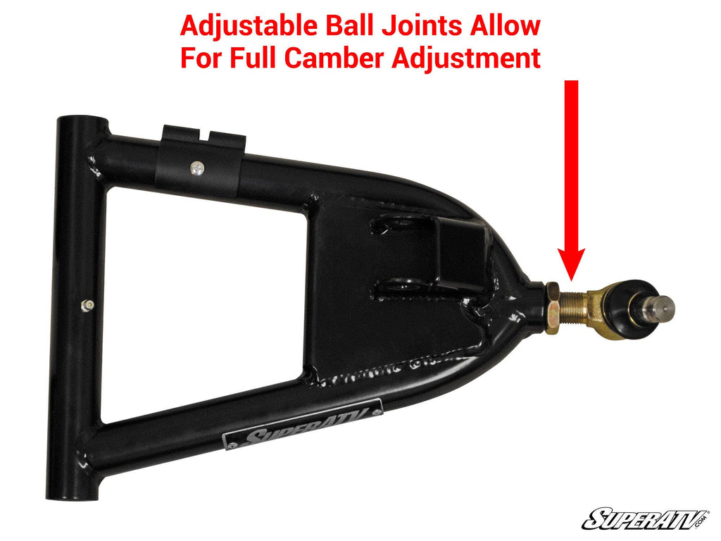 A black metal Polaris RZR 4 800 High Clearance Front A-Arm features an adjustable ball joint, highlighted by a red arrow labeled “Adjustable Ball Joints Allow For Full Camber Adjustment.” The SuperATV logo appears at the bottom right.