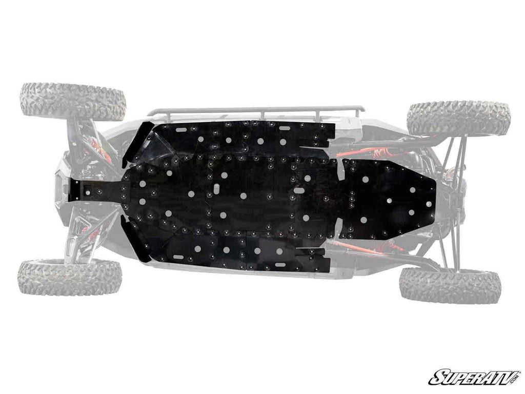 Top-down view of a Polaris RZR Turbo R 4 Full Skid Plate, mounted with bolts under an off-road vehicle. The skid plate stands out as the vehicle fades, with the SuperATV logo in the bottom right corner.