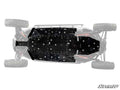 Top-down view of a Polaris RZR Pro S 4 Full Skid Plate installed under a UTV, covering most of the chassis. Multiple cutouts and bolts are visible, with four large off-road tires at the corners partially faded out.