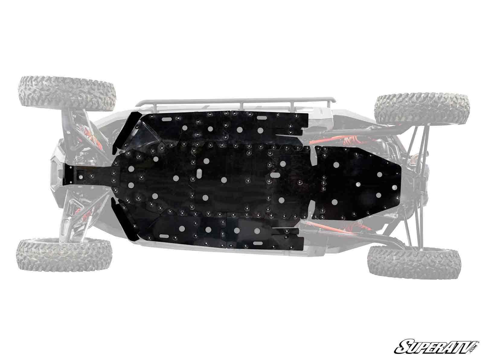 Top-down view of a Polaris RZR Pro S 4 Full Skid Plate installed under a UTV, covering most of the chassis. Multiple cutouts and bolts are visible, with four large off-road tires at the corners partially faded out.