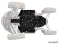 View of a Polaris RZR Turbo R Full Skid Plate in solid black installed beneath the vehicle, with large rugged tires and suspension visible. The rest of the off-road vehicle is faded. “SuperATV” logo appears at the lower right corner.