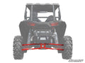 A rear view of an off-road vehicle showcases Polaris RZR RS1 Radius Arms with visible coil-over shocks and large rugged tires. The red suspension arms stand out beneath the chassis, and a SuperATV logo appears in the corner.