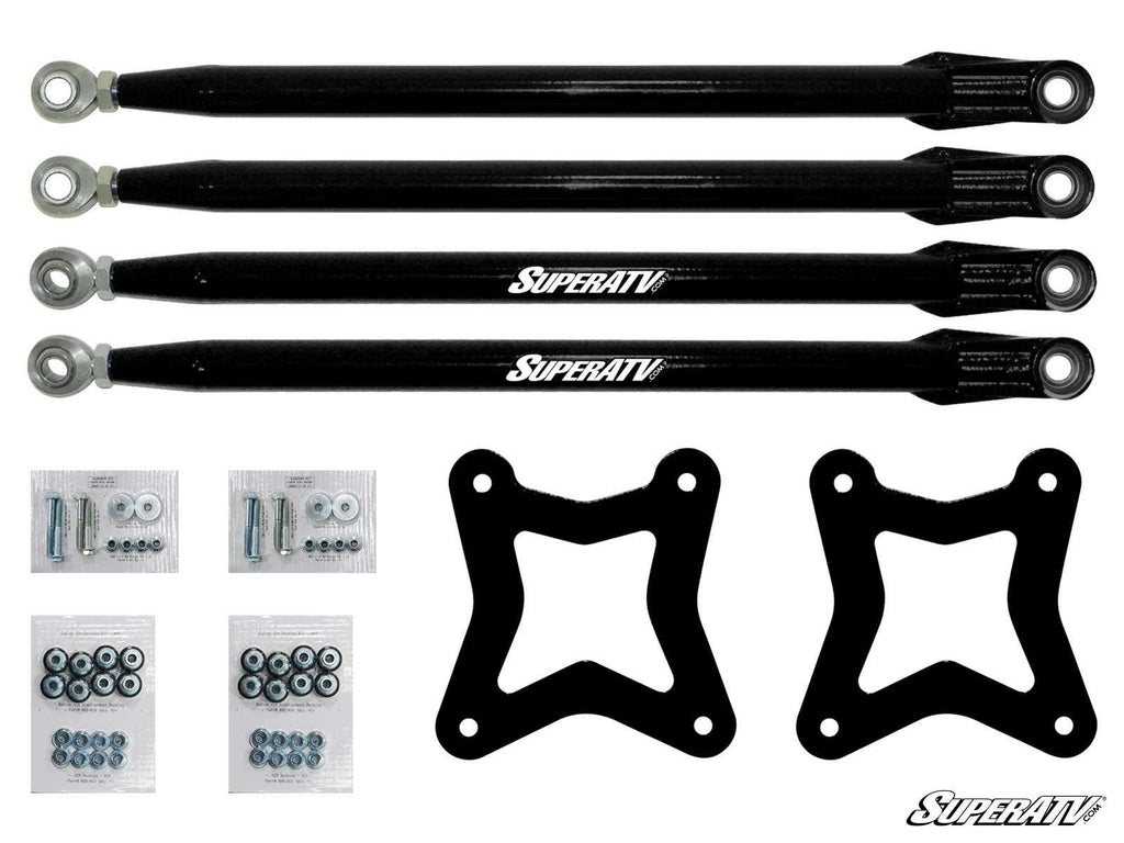 Four black Polaris RZR XP 1000 Radius Arms with metal rod ends are aligned above two X-shaped black mounting brackets and four small bags of bolts, washers, and nuts, all arranged neatly on a white background.