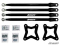 Four black Polaris RZR XP 1000 Radius Arms with metal rod ends are aligned above two X-shaped black mounting brackets and four small bags of bolts, washers, and nuts, all arranged neatly on a white background.