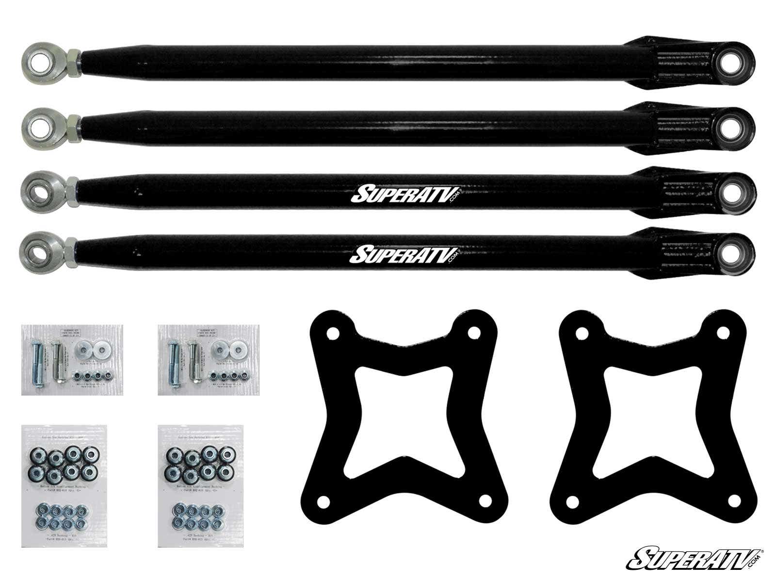 Four black Polaris RZR XP 1000 Radius Arms with metal rod ends are aligned above two X-shaped black mounting brackets and four small bags of bolts, washers, and nuts, all arranged neatly on a white background.