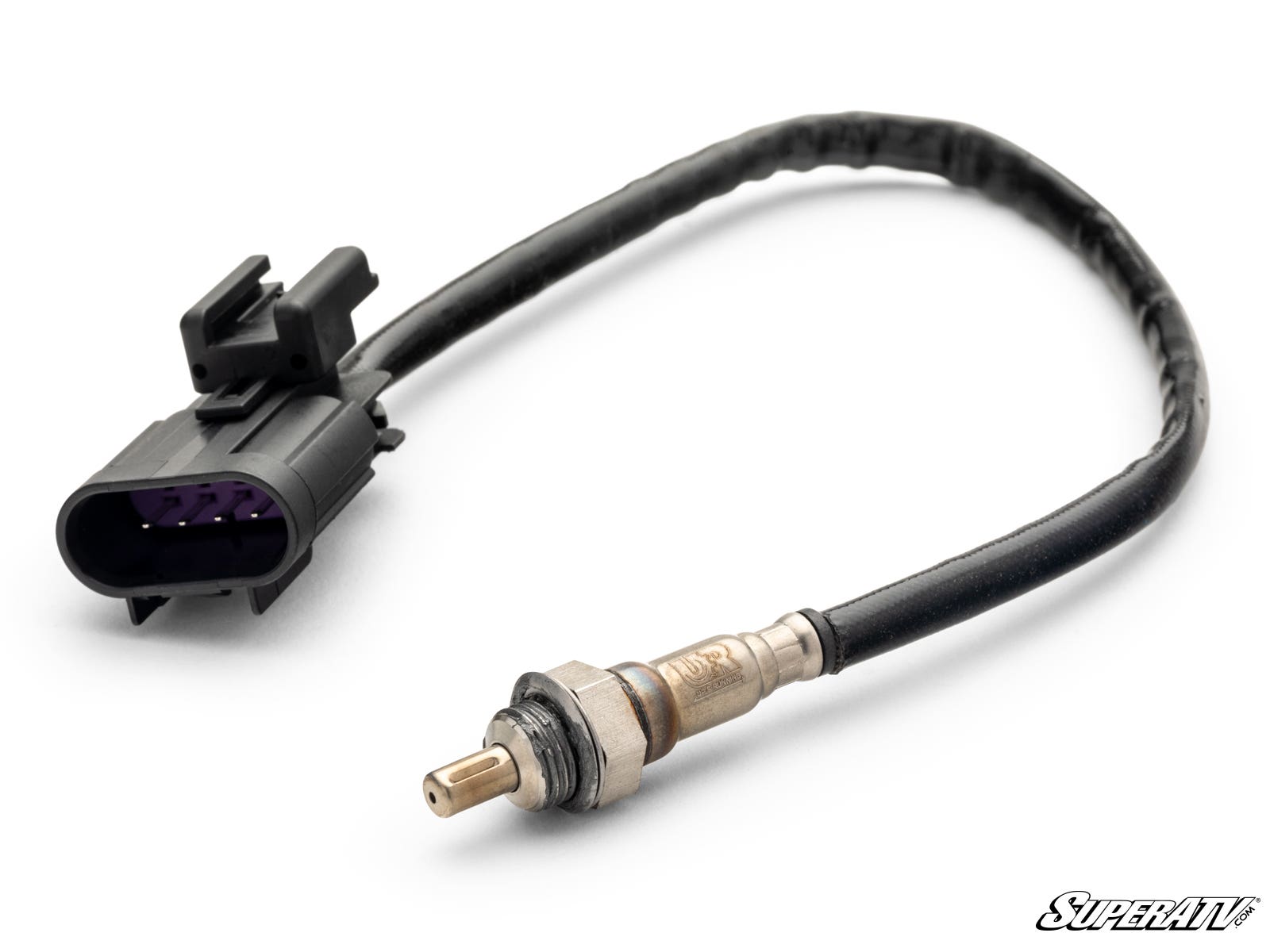 A close-up of the Up & Running Polaris RZR O2 Sensor shows its metal tip, black flexible wire, and a rectangular black connector with visible purple pins, all set against a white background.