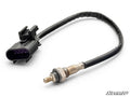 Close-up of the Up & Running Polaris General O2 Sensor, featuring a metal sensor tip and a rectangular black connector with four pins. A flexible insulated wire connects both ends. The SuperATV logo appears in the bottom right corner.