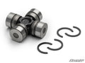 The image shows the Up & Running Polaris Replacement U-Joint, featuring four silver cylindrical ends and a dark center, next to four black circlips. The SuperATV logo appears in the lower right on a white background.