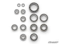 The Polaris RZR XP Turbo Premium Transmission Bearing Upgrade Kit includes thirteen metal ball bearings of various sizes, neatly arranged with visible inner and outer rings and evenly spaced metal balls. SuperATV branding appears in the bottom right corne