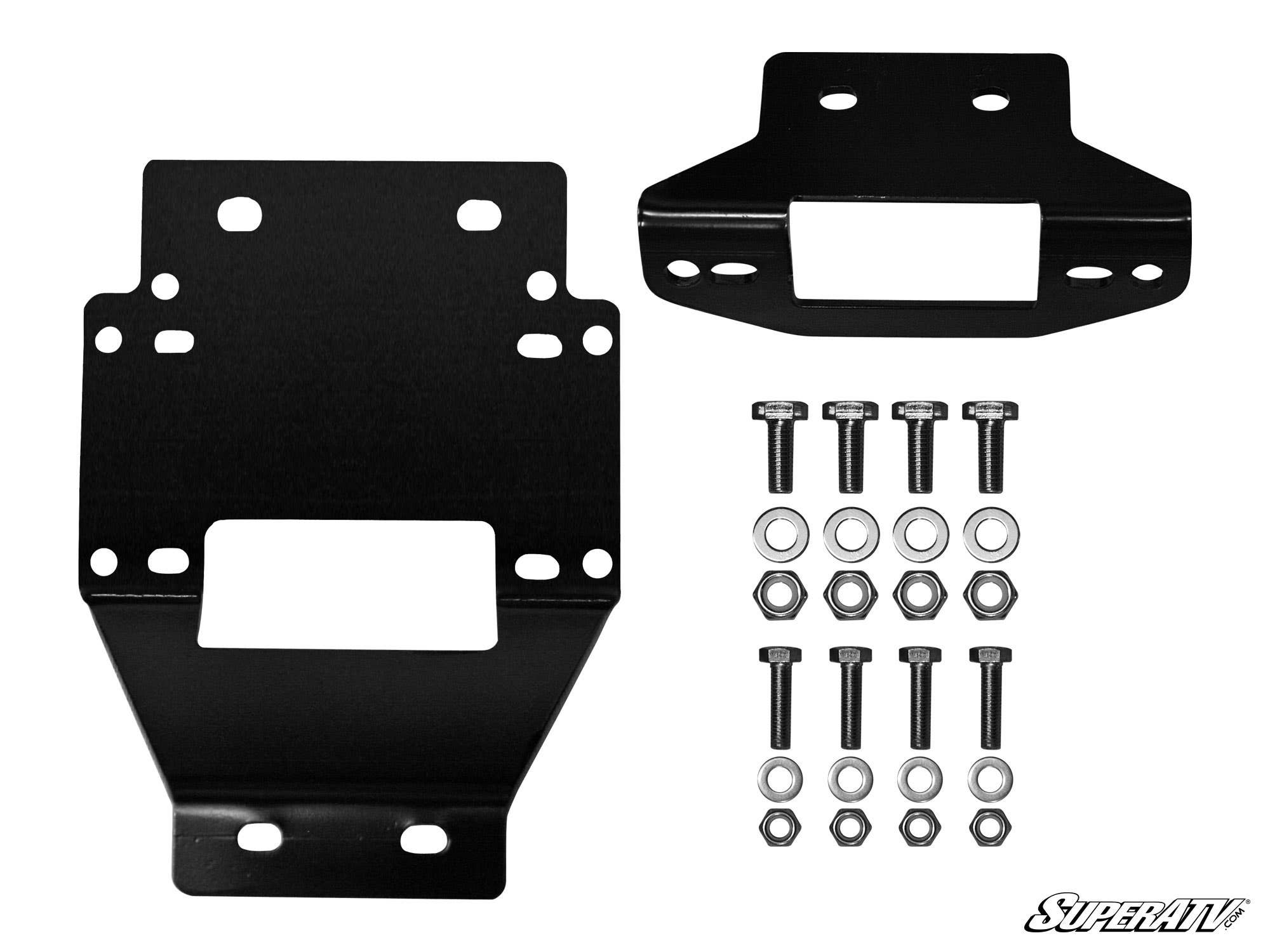 The Polaris RZR XP 900 Winch Mounting Plate kit features two black metal brackets of various shapes with multiple holes, plus eight bolts, eight nuts, and sixteen washers. The SuperATV logo appears in the bottom right corner.