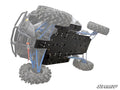 A Polaris RZR XP 1000, caked in mud, is tilted to reveal a large black reinforced skid plate covering the underside. Its suspension stands out against a faded background, emphasizing the Polaris RZR XP 1000 Full Skid Plate. SuperATV logo appears bottom ri