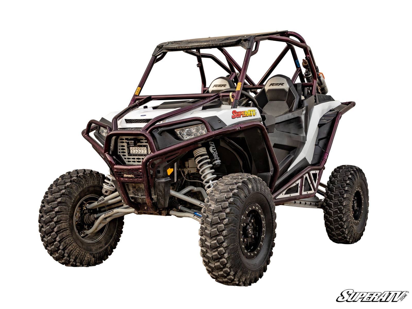 The Polaris RZR XP 1000 3-5 Lift Kit is shown on a rugged off-road utility vehicle with large knobby tires, reinforced roll cage, front bumper guard, exposed suspension, two seats, side safety nets, and SuperATV branding. White background.