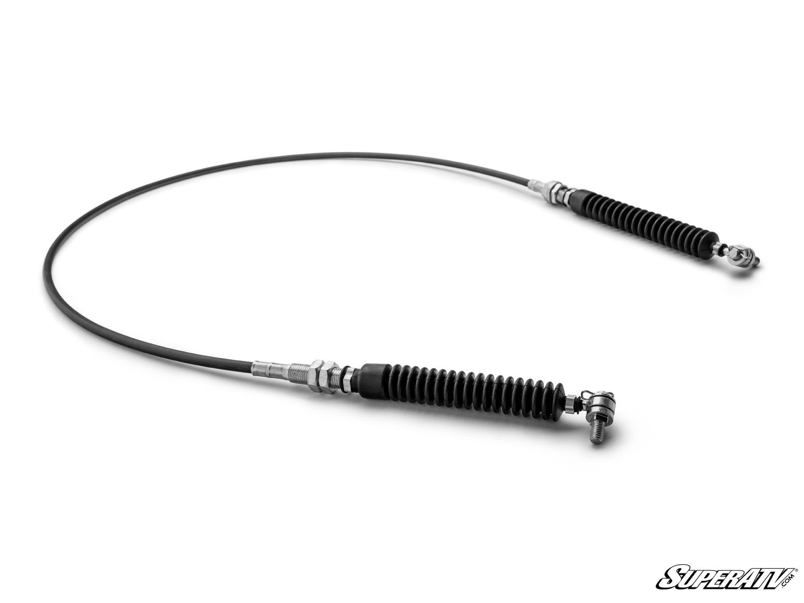 The Up & Running Polaris Ranger 1000 Crew Shift Cable Replacement features a black cable with silver metal fittings, flexible protective boots, and a ball joint connector. The cable is gently curved on a white background with the SuperATV logo in the lowe