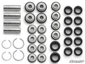 A neatly arranged kit of Polaris RZR XP A-Arm Bushings, including metal bushings, spacers, snap rings, and black rubber seals, is displayed in a grid on a white background with the SuperATV logo in the bottom right corner.