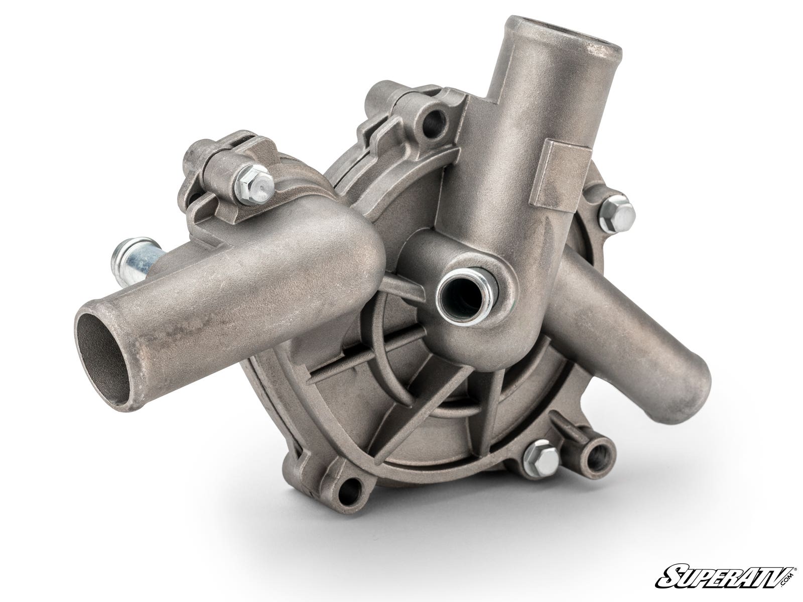 The Up & Running Polaris RZR PRO XP Water Pump features a metallic, ribbed round housing with cylindrical inlets/outlets and multiple bolts. Photographed on a white background with the SuperATV logo in the lower right corner.