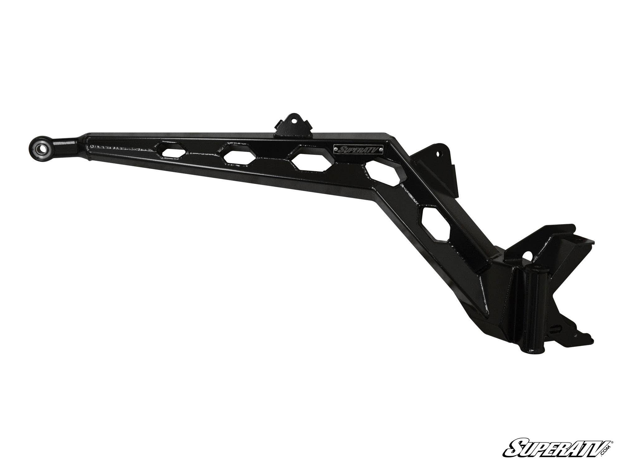A black metal A-arm with hexagonal cutouts and an angular design, part of the Polaris RZR XP Turbo 10 Lift Kit, viewed from the side on a white background. The SuperATV logo is in the lower right corner.