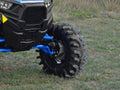 Close-up of a Polaris RZR XP Turbo with 4 Portal Gear Lift, featuring large, muddy off-road tires with deep tread and blue suspension components. The vehicle is on grassy terrain with patches of bare earth.