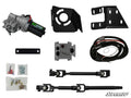 The Polaris RZR XP Turbo Power Steering Kit includes a motor assembly, brackets, mounting plate, black metal control module, wiring harness, two black steering shafts with joints, hardware packs with bolts and terminals. SuperATV logo in bottom right.