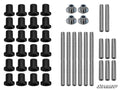 A set of Polaris RZR 800 A-Arm Bushings, including assorted black and metal bushings, spacers, and rods neatly arranged by type and size on a white background with the “SuperATV” logo in the bottom right corner.