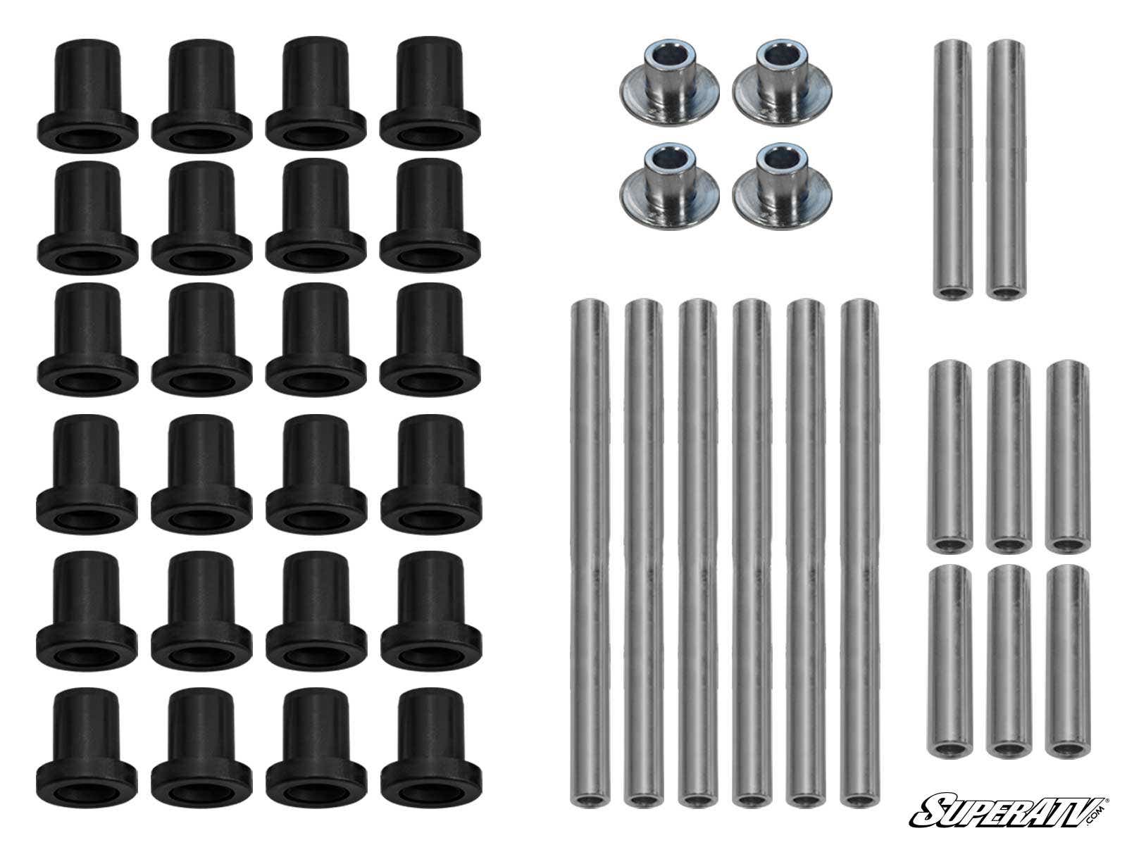 A set of Polaris RZR 800 A-Arm Bushings, including assorted black and metal bushings, spacers, and rods neatly arranged by type and size on a white background with the “SuperATV” logo in the bottom right corner.