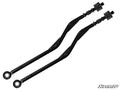 Two black, curved metal Z-bend tie rods with threaded ends, mounting holes, and hardware fittings are shown side by side on a white background. These are Polaris RZR S 900 Z-Bend Tie Rods—replacement kit for SuperATV lift kits.
