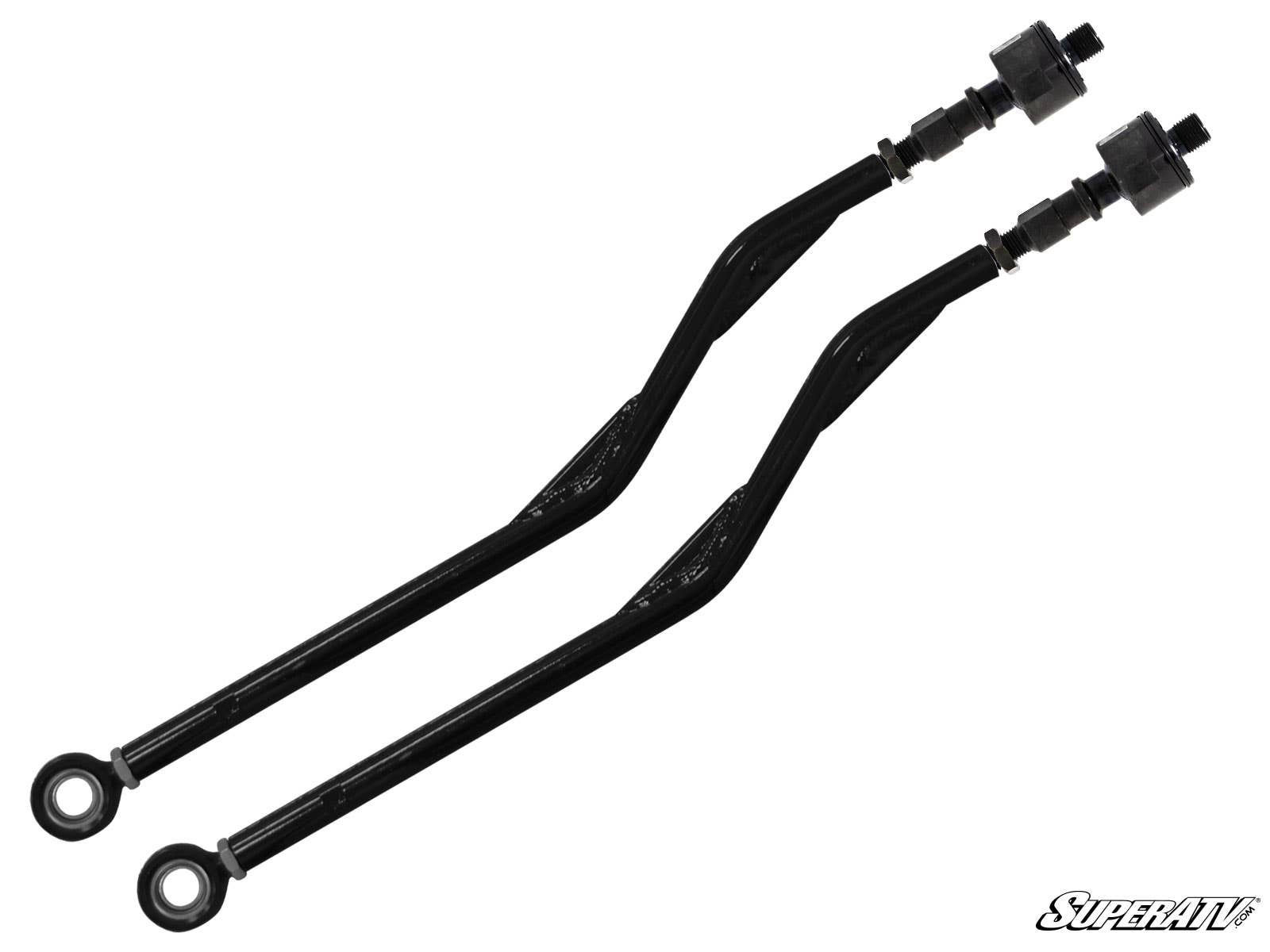 Two black, curved metal Z-bend tie rods with threaded ends, mounting holes, and hardware fittings are shown side by side on a white background. These are Polaris RZR S 900 Z-Bend Tie Rods—replacement kit for SuperATV lift kits.