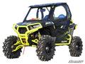 A Polaris RZR S 900 ATV in black and neon yellow with rugged tires, roll cage, two blue seats, front winch, and custom decals is shown parked on white. The SuperATV logo appears bottom right. Features a 3 Lift Kit upgrade.