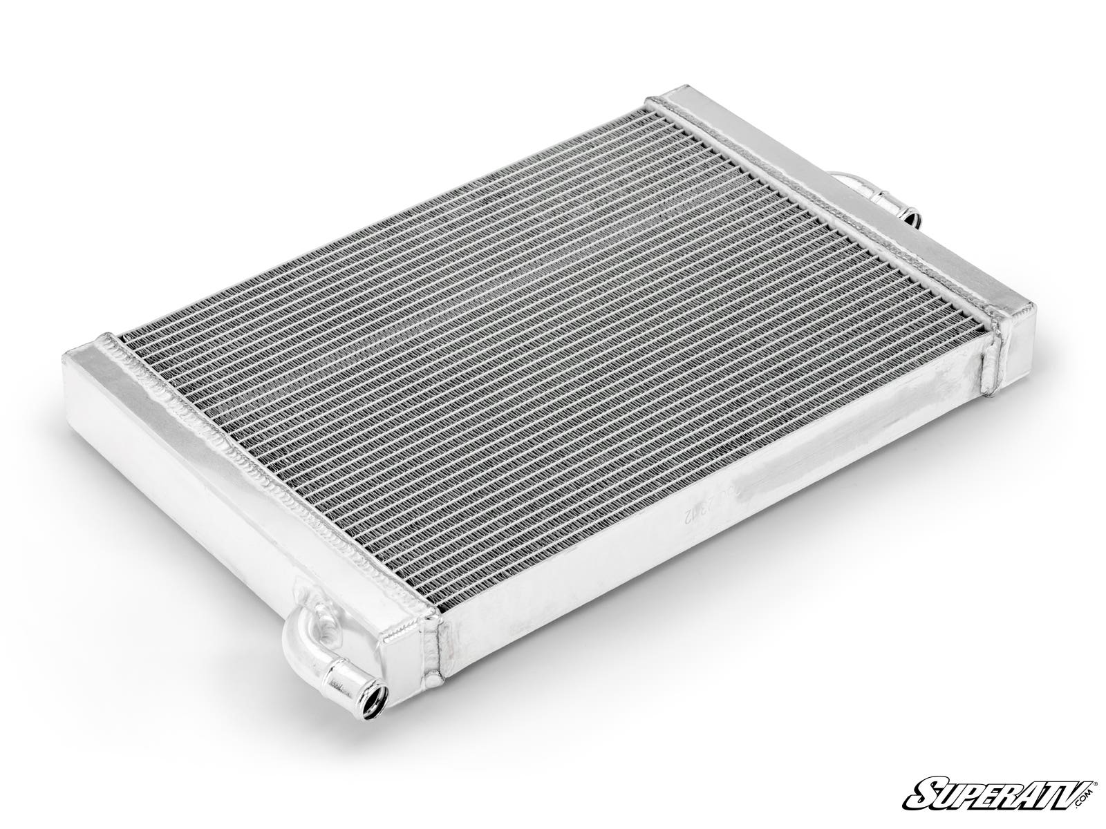 The Up & Running Polaris RZR XP Turbo Radiator is a silver metal automotive radiator with tightly packed cooling fins and two inlet/outlet pipe fittings, shown lying flat on a white background. The SuperATV logo appears in the bottom right corner.