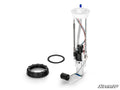 The Up & Running Polaris Sportsman Fuel Pump is displayed upright with connected wires, sensors, and a black float. A black locking ring and rubber O-ring sit beside it on a plain white background. The SuperATV logo appears at the bottom right.