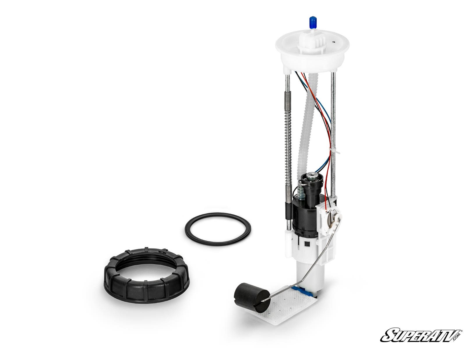 The Up & Running Polaris Sportsman Fuel Pump is displayed upright with connected wires, sensors, and a black float. A black locking ring and rubber O-ring sit beside it on a plain white background. The SuperATV logo appears at the bottom right.