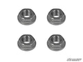 Four recessed nuts from the Polaris Sportsman Portal Gear Lift Recessed Nut Kit are evenly spaced on a white background, each with a threaded hole and ridged base. The SuperATV logo is visible in the lower right corner.
