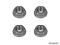Four silver hexagonal recessed nuts from the Yamaha YXZ Portal Gear Lift Recessed Nut Kit are arranged in a square on a white background, each with a threaded center hole. The SuperATV logo appears in the bottom right corner.