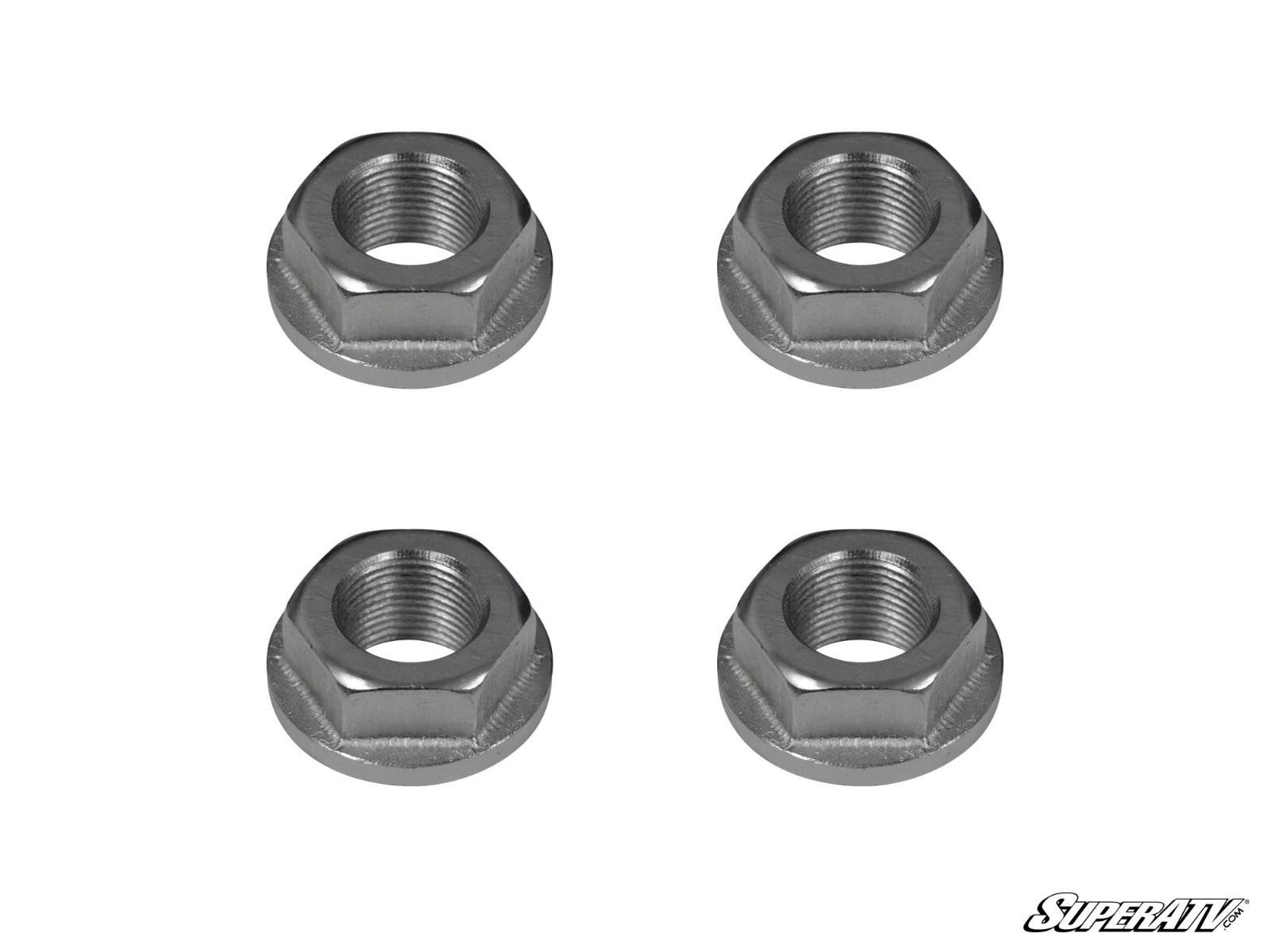 Four silver hexagonal recessed nuts from the Yamaha YXZ Portal Gear Lift Recessed Nut Kit are arranged in a square on a white background, each with a threaded center hole. The SuperATV logo appears in the bottom right corner.