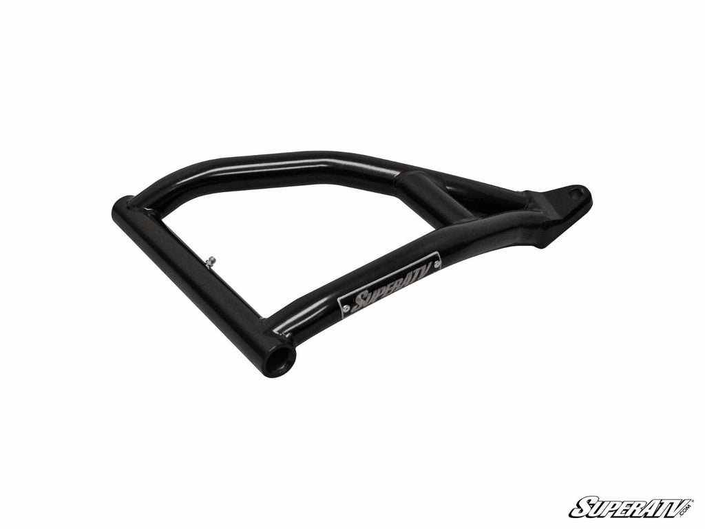 A Polaris Sportsman High-Clearance 1.5 Forward Offset A-Arm, featuring a black tubular metal design and SuperATV logo plate, is shown on a white background with the SuperATV logo in the bottom right corner.
