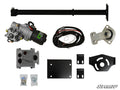 The Polaris Sportsman Power Steering Kit is shown on a white background, featuring a motor, long metal shaft, wiring harness, metal brackets, mounting plates, bagged small parts and hardware. The SuperATV logo appears in the bottom right corner.