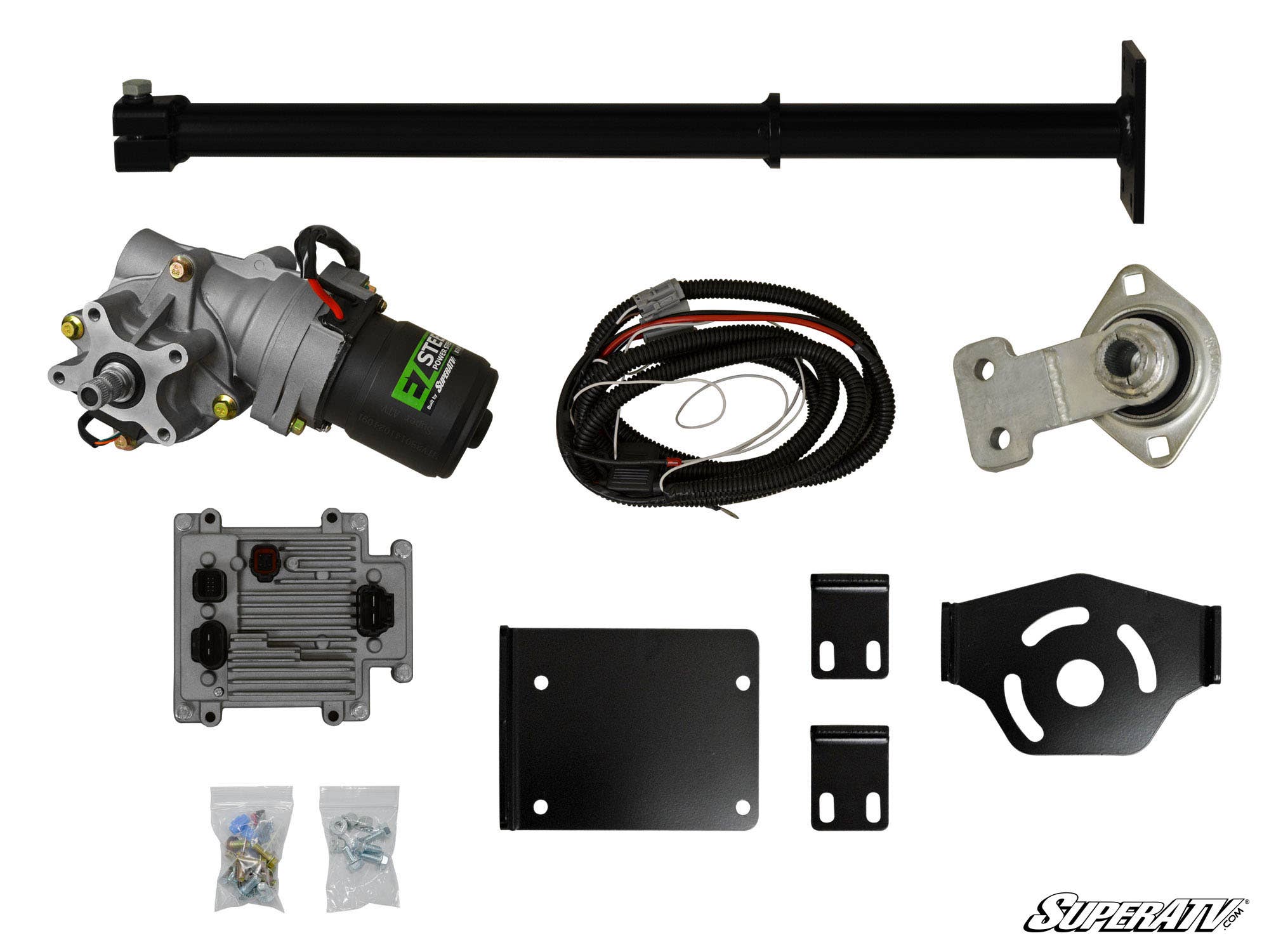 The Polaris Sportsman Power Steering Kit is shown on a white background, featuring a motor, long metal shaft, wiring harness, metal brackets, mounting plates, bagged small parts and hardware. The SuperATV logo appears in the bottom right corner.