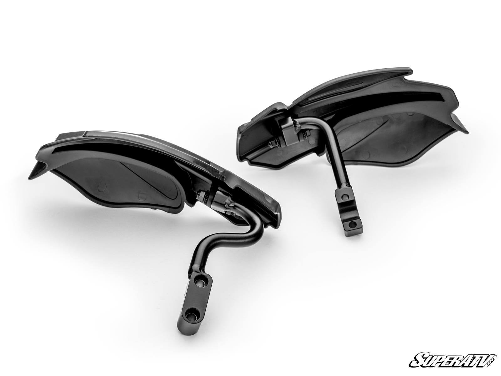 Two black Up & Running Polaris Snowmobile Handguards with aerodynamic, angular shapes and adjustable mounts are displayed against a white background. The “SuperATV” logo appears in the bottom right. Both handguards face slightly toward each other.