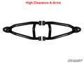 A black Polaris Scrambler High Clearance A-Arm is shown on a white background, with High Clearance A-Arms in red above and the SuperATV logo in the lower right corner.