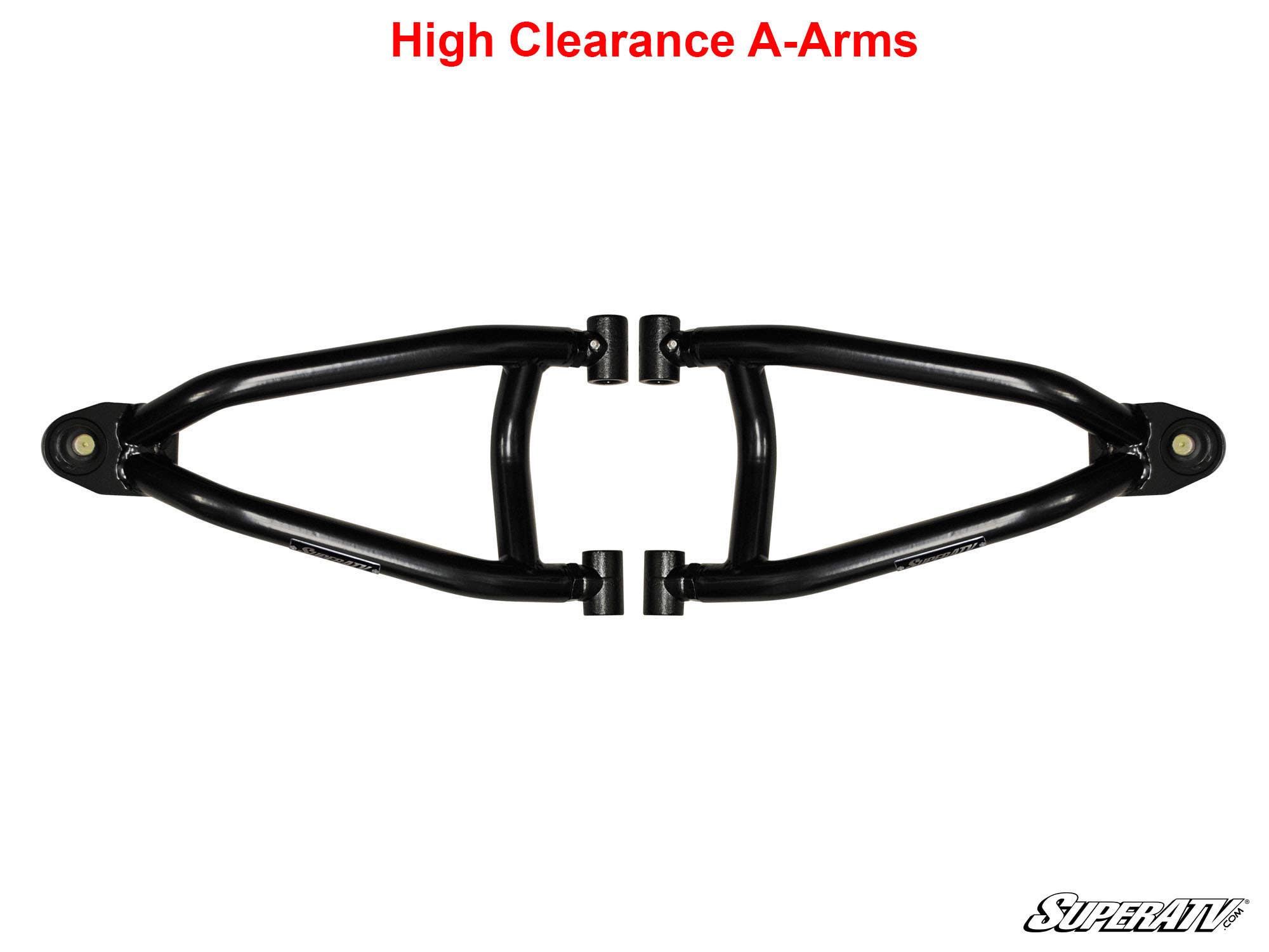 A black Polaris Scrambler High Clearance A-Arm is shown on a white background, with High Clearance A-Arms in red above and the SuperATV logo in the lower right corner.