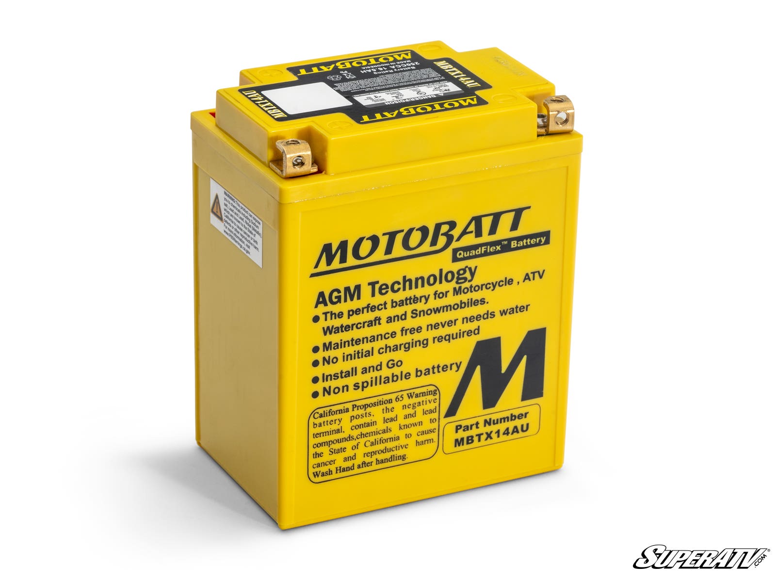 A yellow Kawasaki Mule Motobatt Battery Replacement with black text labels and a barcode features AGM Technology, Maintenance free, and Non-spillable. Part number MBTX14AU is visible, and the battery is on a white background.