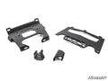 Four black metal Polaris RZR S 1000 Winch Mounting Plates with cutouts and mounting holes are displayed separately on a white background. They vary in size and shape, with SuperATV in a stylized font at the bottom right corner.