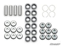 Polaris Xpedition A-Arm Bushings kit displayed on a white background: includes cylindrical spacers, flat washers, circular bushings, and four snap rings arranged by type. SuperATV logo appears in the bottom right corner.