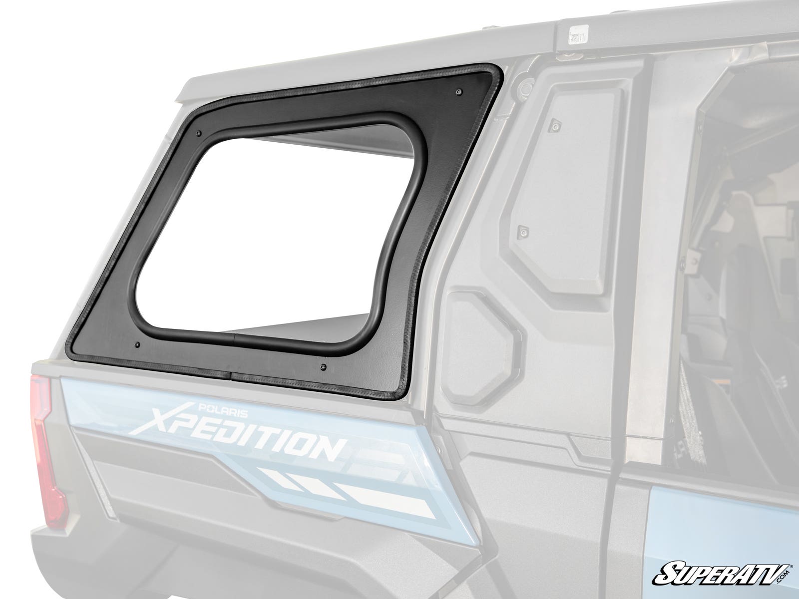 A close-up of Polaris Xpedition ADV Rear Side Windows shows the black panel with a large angled cutout contrasting against the blue and gray vehicle, with the SuperATV logo visible in the bottom right corner.