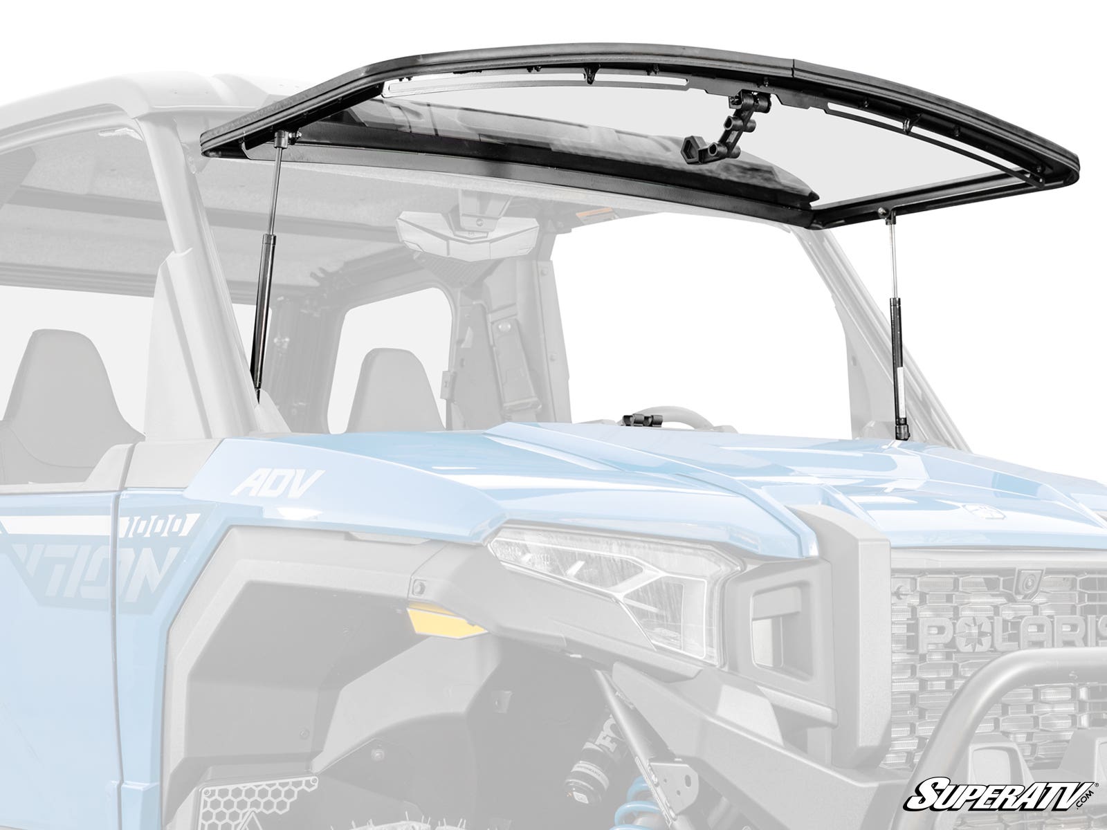 A blue Polaris Xpedition equipped with a Scratch-Resistant Flip Windshield, partially open with metal struts on both sides. The cab interior and two seats are visible. The SuperATV logo appears in the lower right corner.